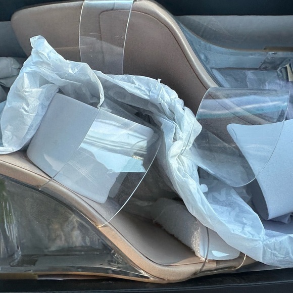 INC International Concepts Shoes - INC International Concepts Cream Heels With Clear Strap & Heel.
